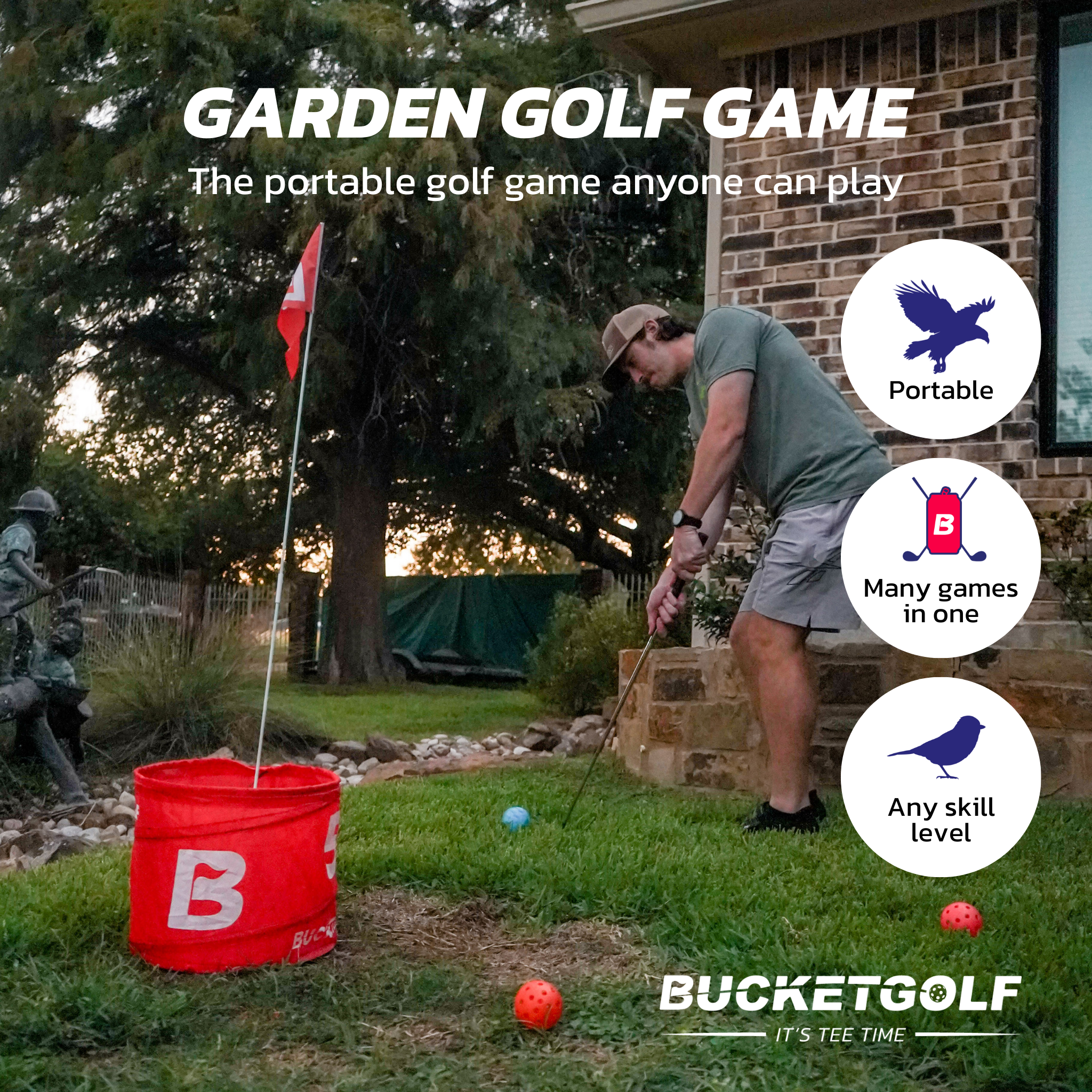 BucketGolf 3 Hole Garden Golf Game Set – Portable Outdoor Game (2 Clubs Included)