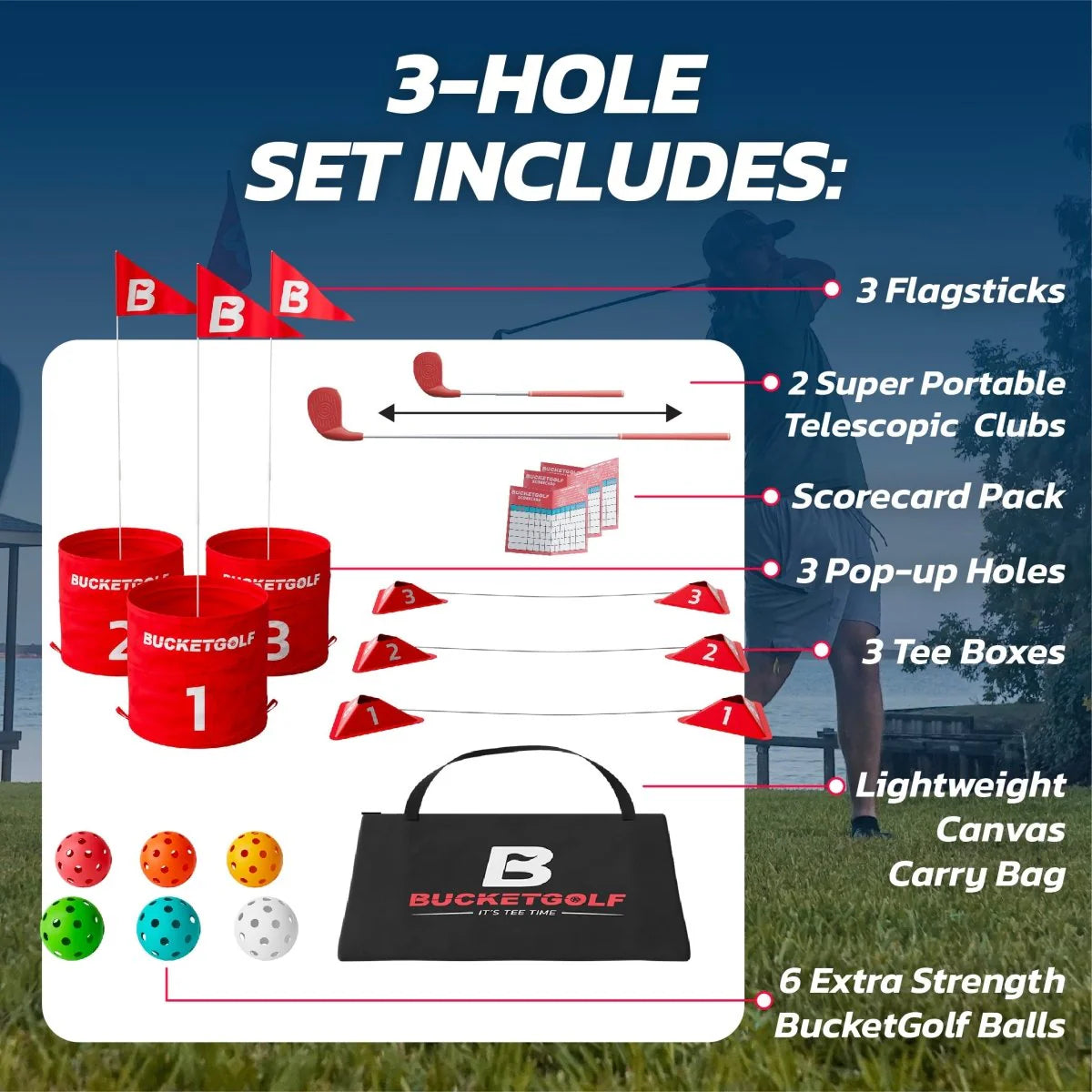 BucketGolf 3 Hole Garden Golf Game Set – Portable Outdoor Game (2 Clubs Included)