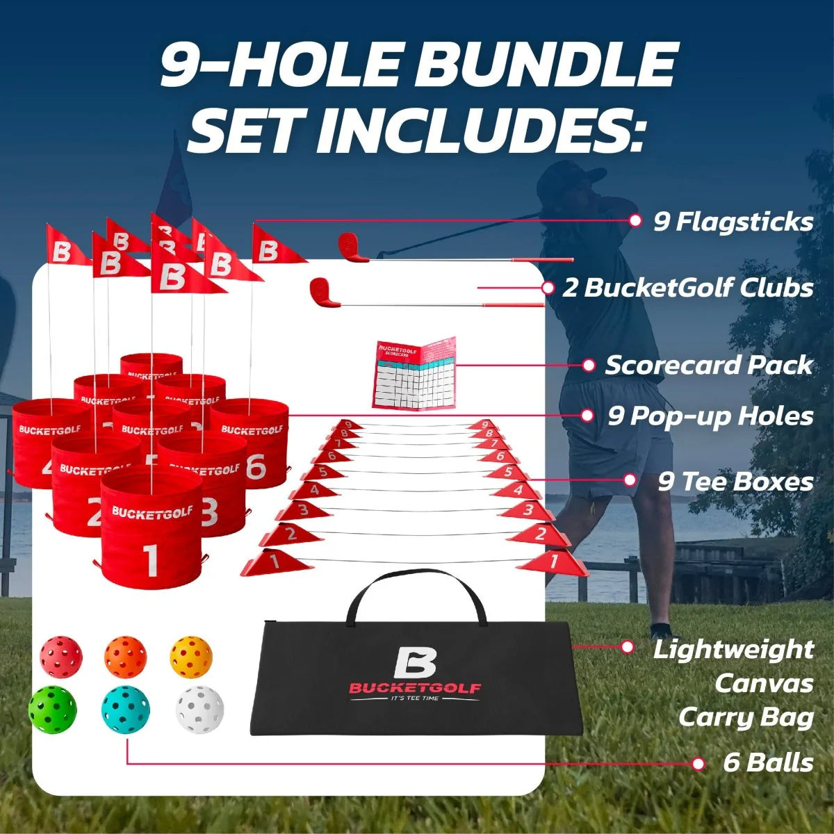 BucketGolf 9 Hole Garden Golf Game Set – Portable Outdoor Game